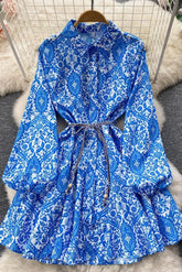 Langärmliges Hemdkleid mit Schnürung, lässiges Print-A-Linien-Kurzkleid